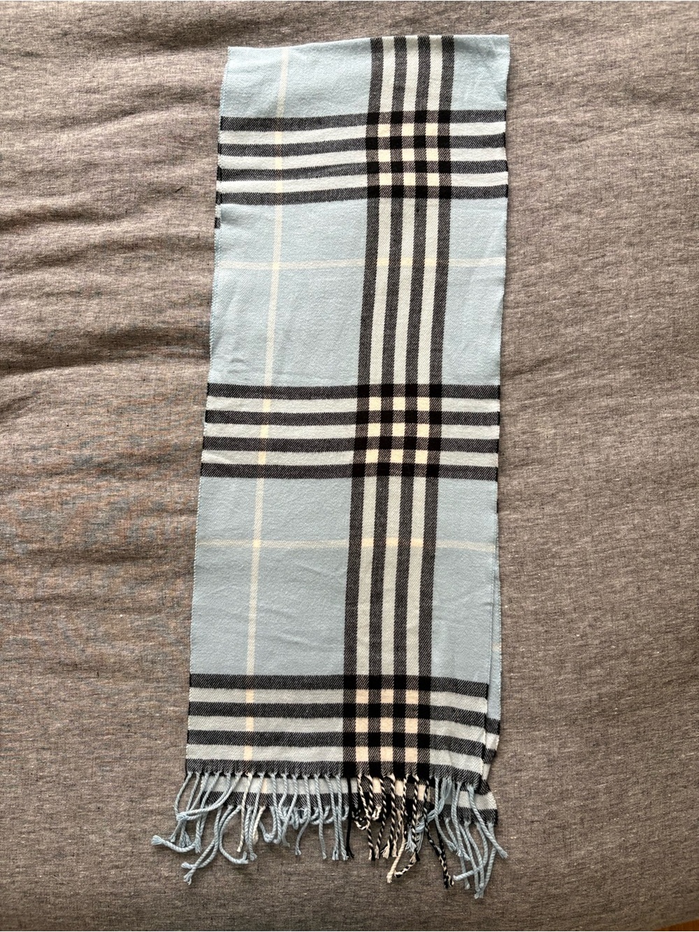 Light Blue Plaid Cashmere Scarf with Fringe - Picture 8 of 8